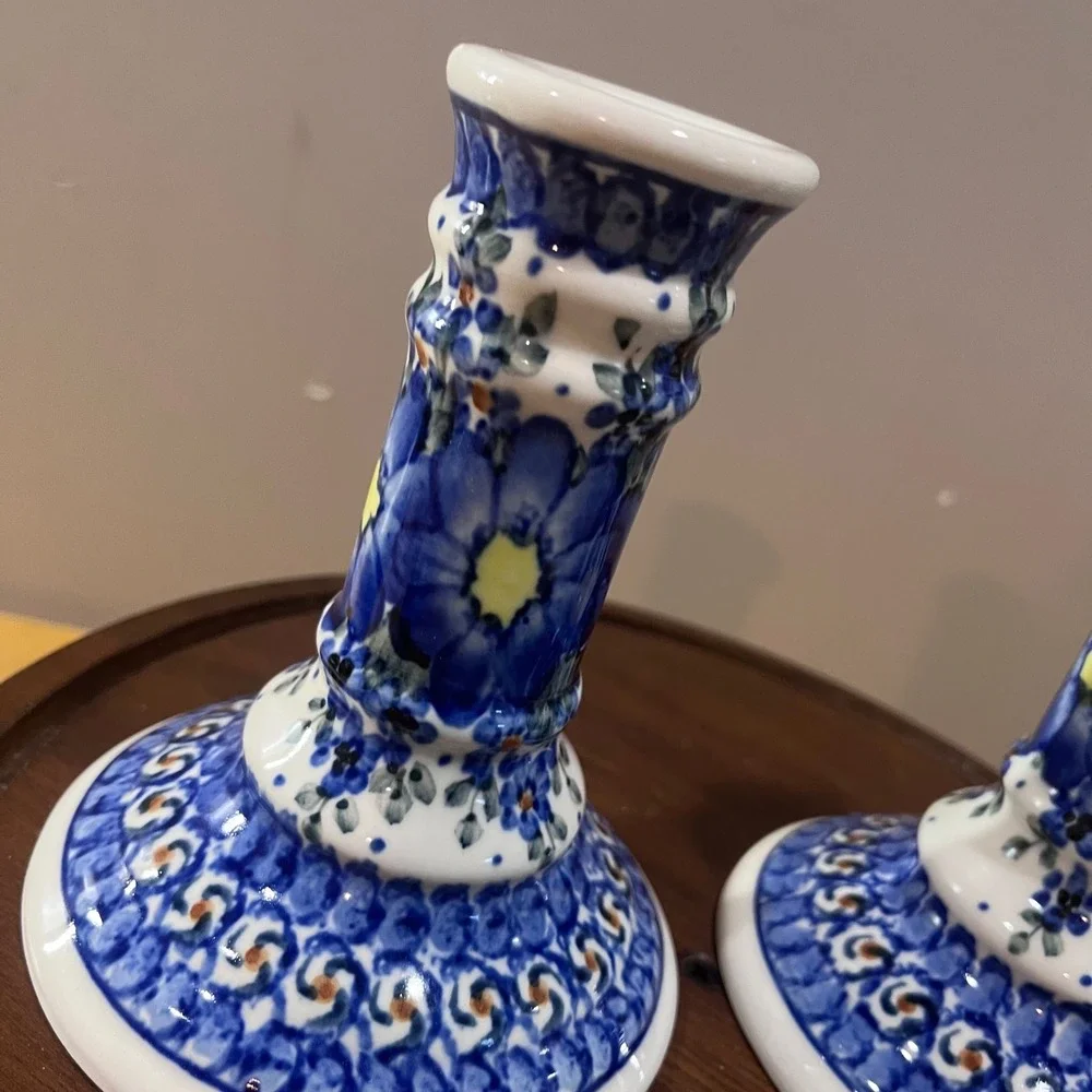 Vtg Polish Pottery Boleslawiec Unikat Blue Floral Candle Holders M Czonka Pair